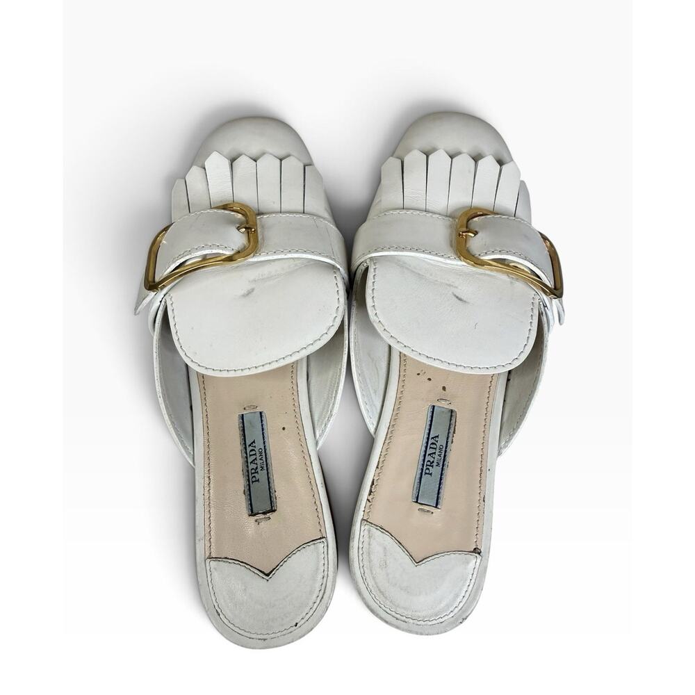 Prada White Leather Fringe Buckle Mules Flats IT 39 US 9 Gold Hardware - Picture 5 of 11